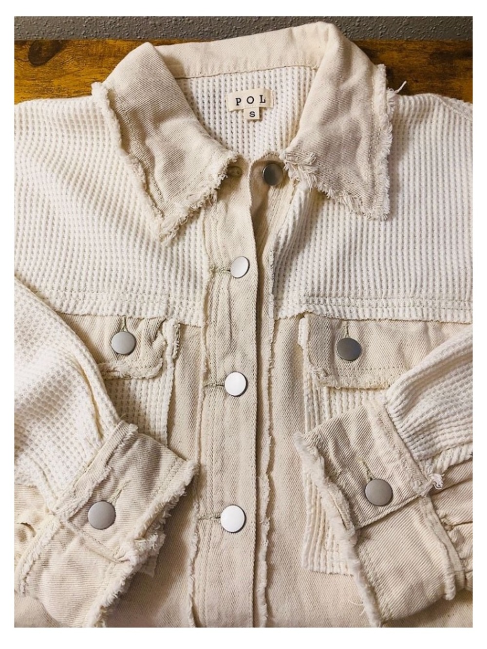POL Pieced Denim Knit Balloon Sleeve Button Down Shirt Jean Jacket Patchwork - Picture 7 of 10